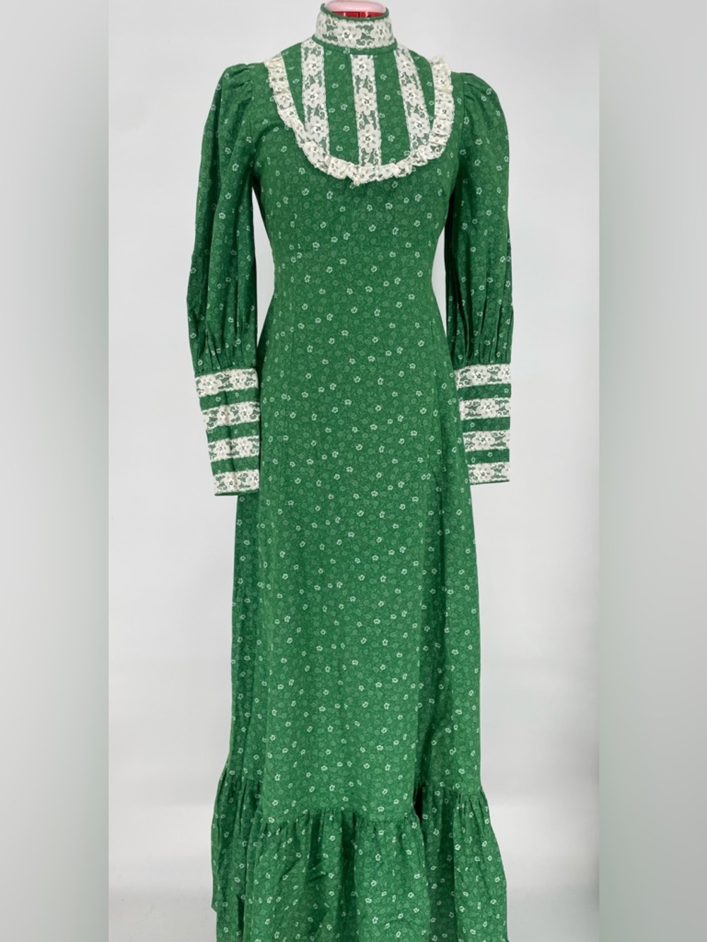 1970s Green High Neck Voluminous Long Sleeve Handmade Prairie Dress Lace Accents - Picture 4 of 15